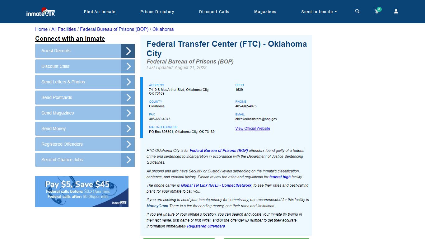 Federal Transfer Center (FTC) - Oklahoma City - InmateAid