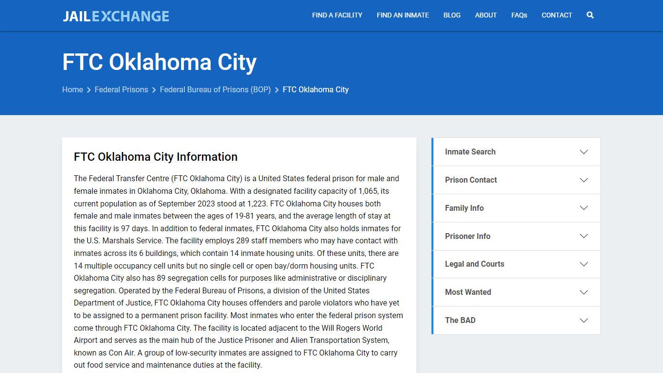 Federal Inmate Search - FTC Oklahoma City - Jail Exchange