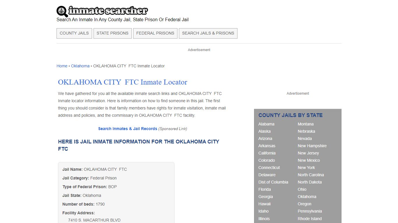 OKLAHOMA CITY FTC Inmate Locator - Inmate Searcher